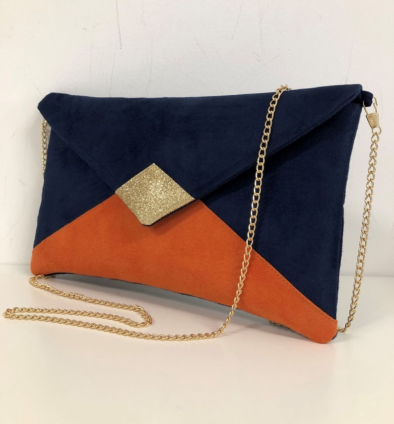 Clutch de boda azul marino y naranja con lentejuelas doradas / Clutch de noche de ante en forma de sobre, personalizable / Bolso de cadena Avec chaînette dorée