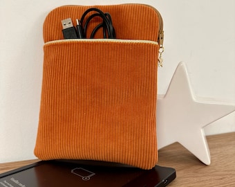 Pochette liseuse numérique, velours côtelé orange / Housse ebook  6 à 10 pouces / Pochette zippée Kindle, Kobo, Vivlio, avec poche chargeur