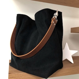 Black hobo bag, removable firm leather handle / Black corduroy tote bag, choice of leather / Shoulder bag, sportswear style image 1