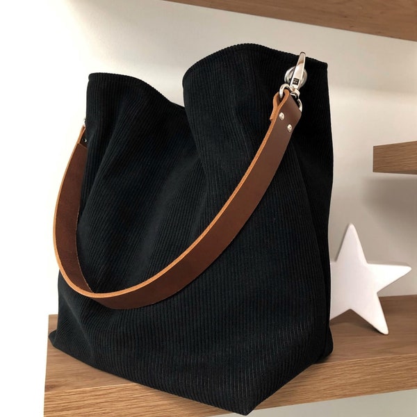 Black hobo bag, removable firm leather handle / Black corduroy tote bag, choice of leather / Shoulder bag, sportswear style