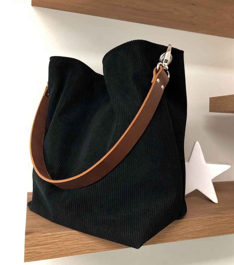 Black hobo bag, removable firm leather handle / Black corduroy tote bag, choice of leather / Shoulder bag, sportswear style image 1