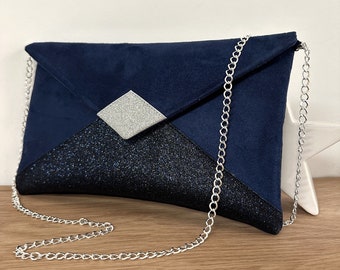 Navy blue wedding clutch bag, silver sequins / Customizable envelope clutch bag / Handbag with or without chain