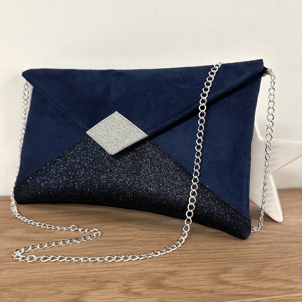 Pochette mariage bleu marine, paillettes argentées / Sac pochette forme enveloppe personnalisable / Sac à main avec ou sans chaînette