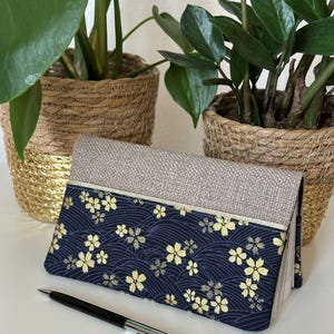 Sakura blue linen and japanese fabric checkbook holder / Beige and blue checkbook case with golden flowers / Customizable checkbook cover