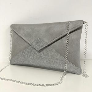 Pearl gray wedding clutch bag in suede, with silver sequins / evening envelope pouch, sequins, customizable / woman  gray clutch
