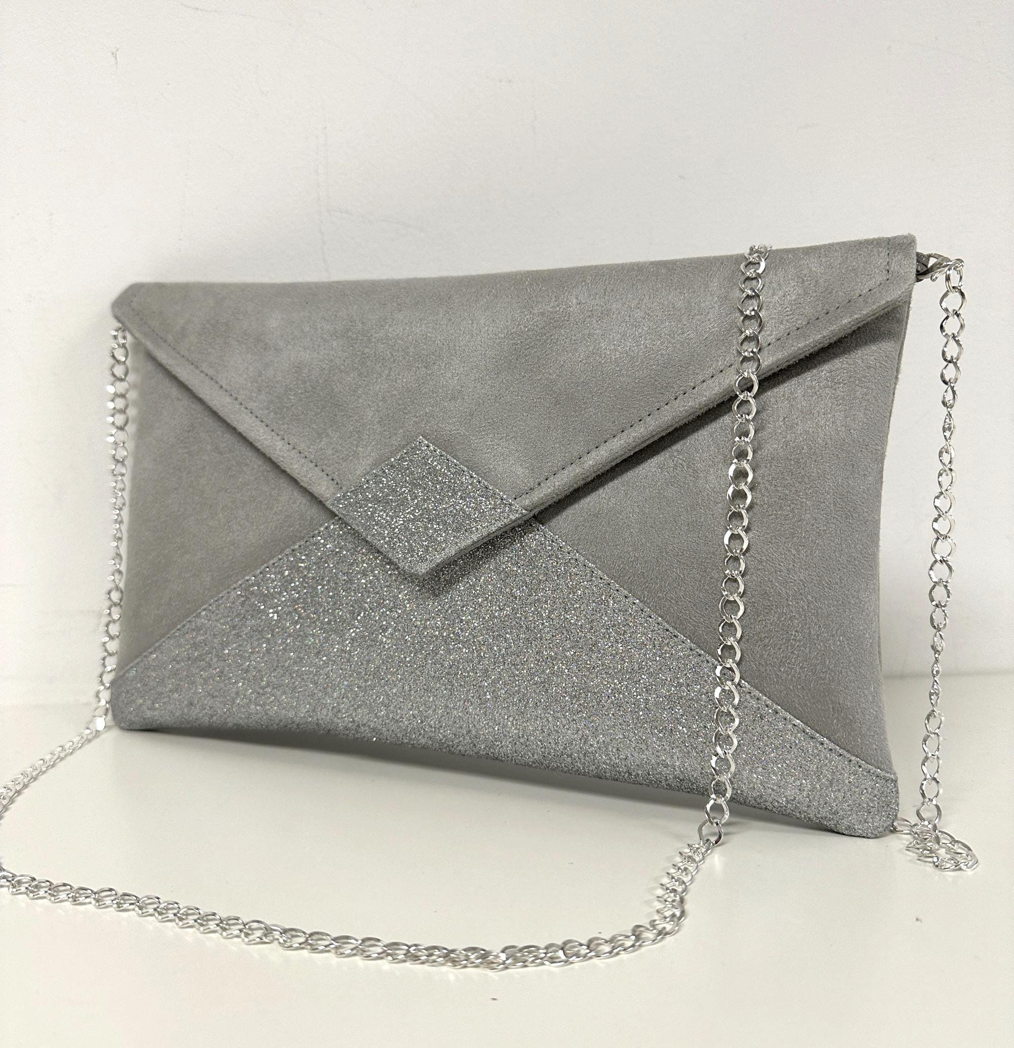 Pearl Gray Wedding Clutch Bag in Suede, With Silver Sequins