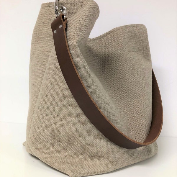 Borsa hobo in lino beige, manico in pelle rimovibile / Borsa a secchiello da donna, stile sportivo / Borsa tote in tela, manico in pelle rigida