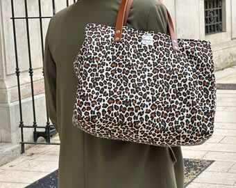 Leopard effect shopper bag / Leather and fabric shopping bag / Beige, black and brown shopping bag / Shoulder bag, removable shoulder strap