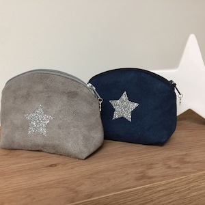 Petit porte monnaie gris avec étoile pailletée / mini pochette zippée, suédine gris souris, paillettes argentées