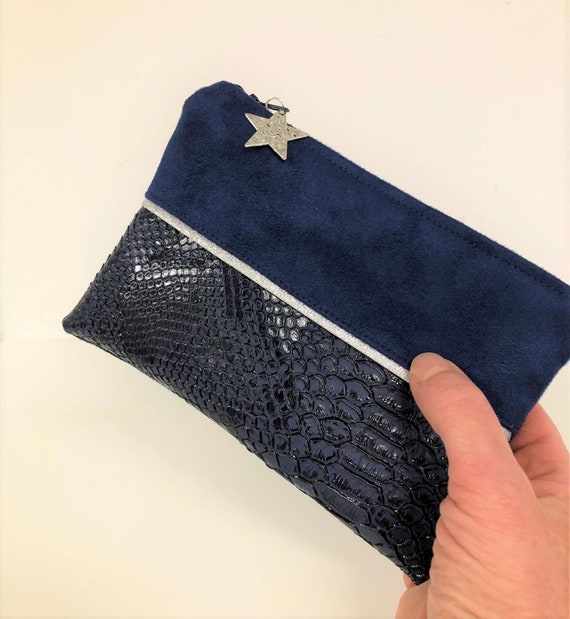 Porte monnaie femme bleu marine argent Mini pochette simili