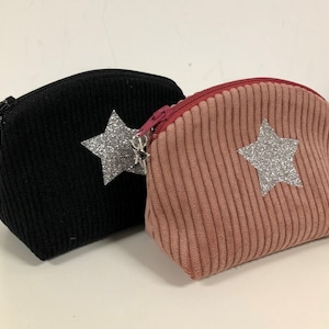 Petit porte monnaie en velours cotelé vieux rose, étoile pailletée / Petite bourse zippée velours grosses cotes, paillettes / Mini pochette