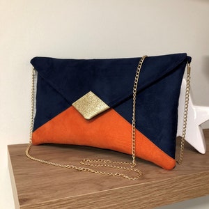 Clutch de boda azul marino y naranja con lentejuelas doradas / Clutch de noche de ante en forma de sobre, personalizable / Bolso de cadena imagen 2