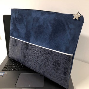 Navy blue and silver airy MacBook pouch / Customized computer case in suede and reptil leatherette / MacBook carrying case, customizable image 8