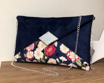 Blue wedding clutch bag, japanese floral fabric, silver glitter / Customizable evening clutch bag / Pink flower chain handbag