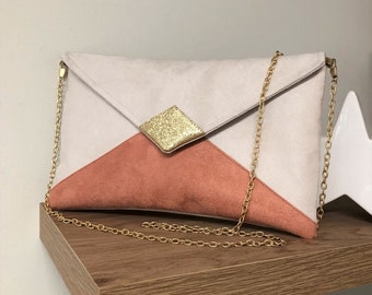 Ecru and salmon pink wedding clutch bag with golden sequins / Ivory evening clutch bag in suedette / Small chain bag