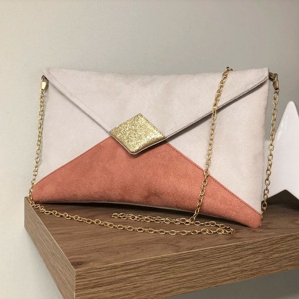 Ecru and salmon pink wedding clutch bag with golden sequins / Ivory evening clutch bag in suedette / Small chain bag