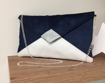 Navy blue, white and silver glitter wedding clutch bag / Suedette evening clutch bag, removable chain / Women's blue handbag, customizable