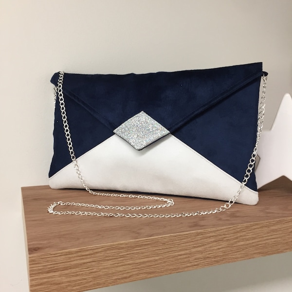 Navy blue, white and silver glitter wedding clutch bag / Suedette evening clutch bag, removable chain / Women's blue handbag, customizable