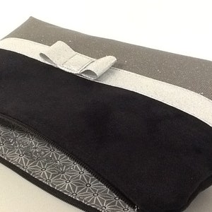Trousse maquillage noire et gris, noeud argenté / Élégante pochette de sac en suédine, simili cuir / Petite pochette zippée personnalisable image 7