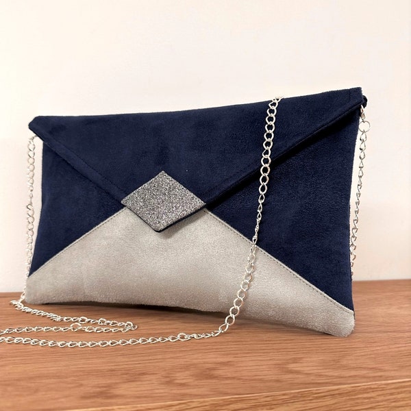 Marineblaue und graue Hochzeits-Clutch, silberne Pailletten / Handtasche in Umschlagform mit Kette, anpassbar / Abend-Clutch für Damen