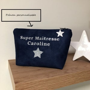 Customizable teacher's bag, navy blue and silver / Make-up bag, suede, glitter / Personalized teacher's gift image 1