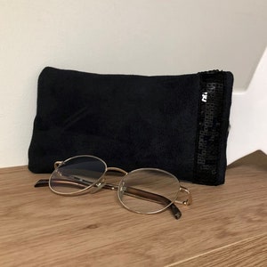 Estuche para gafas negro suave con lentejuelas / Funda polar personalizable, ante y lentejuelas / Accesorio para bolso de mujer