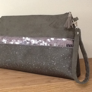 Dark grey glitter evening clutch bag with strap / Suedette clutch bag, grey glitter imitation leather / Customizable handbag