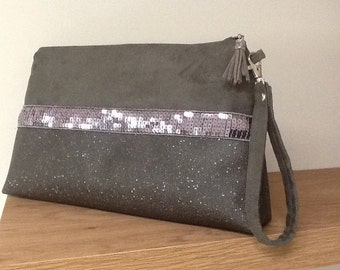 Dark grey glitter evening clutch bag with strap / Suedette clutch bag, grey glitter imitation leather / Customizable handbag