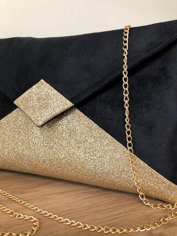 Black Gold Sequin Evening Clutch Handbag Party Purse Indian 