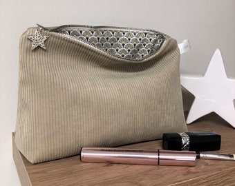 Sand beige corduroy pouch / Light beige corduroy make-up bag / Personalised gift for women / Sportswear style, velvet zipped pouch