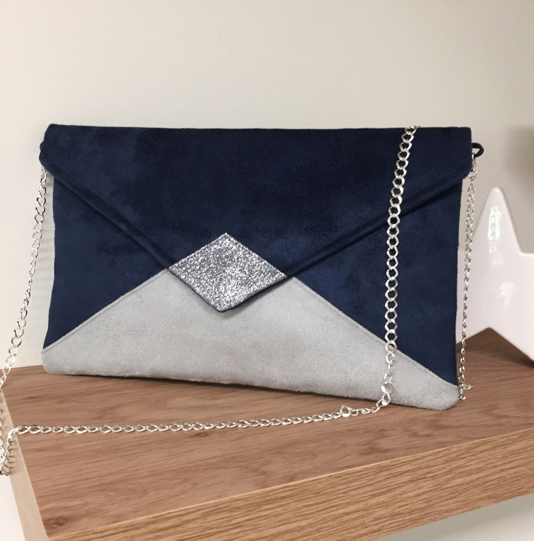 Pochette De Soirée Bleu Nuit Et Gris Pailleté Sac