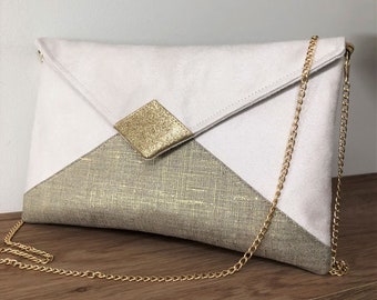 Ecru and gold wedding clutch bag, in suede and linen / Ivory evening clutch bag with or without removable chain / Customizable handbag