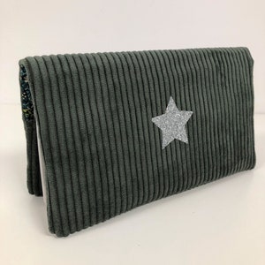 Chequera de terciopelo verde caqui, estrella plateada / Chequera de tacón alto, pana, lentejuelas, personalizable / Idea de regalo