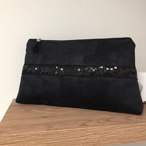 Black sequined evening clutch bag / Customizable wedding clutch bag in suedette and sequins / Black zipped handbag image 1