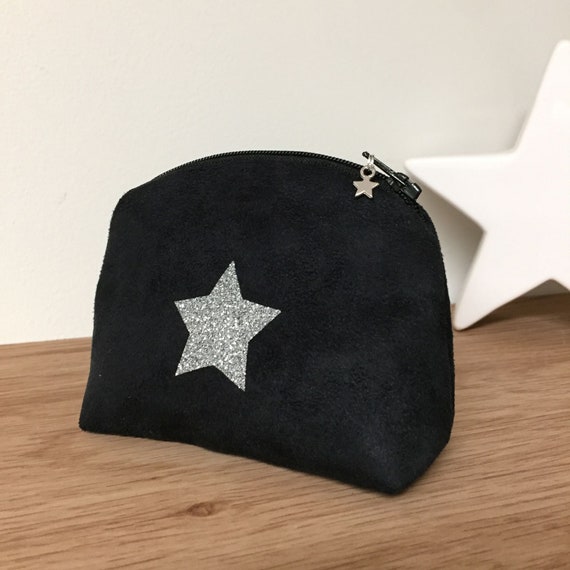 Pochette Soirée Daim Noir - Deux étoiles Pailletées - Sac Bandoulière Femme