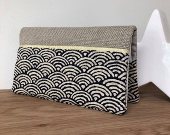 Seigaiha midnight blue linen and japanese fabric checkbook holder / Women&#39;s canvas checkbook case, customizable / Japanese big waves pattern