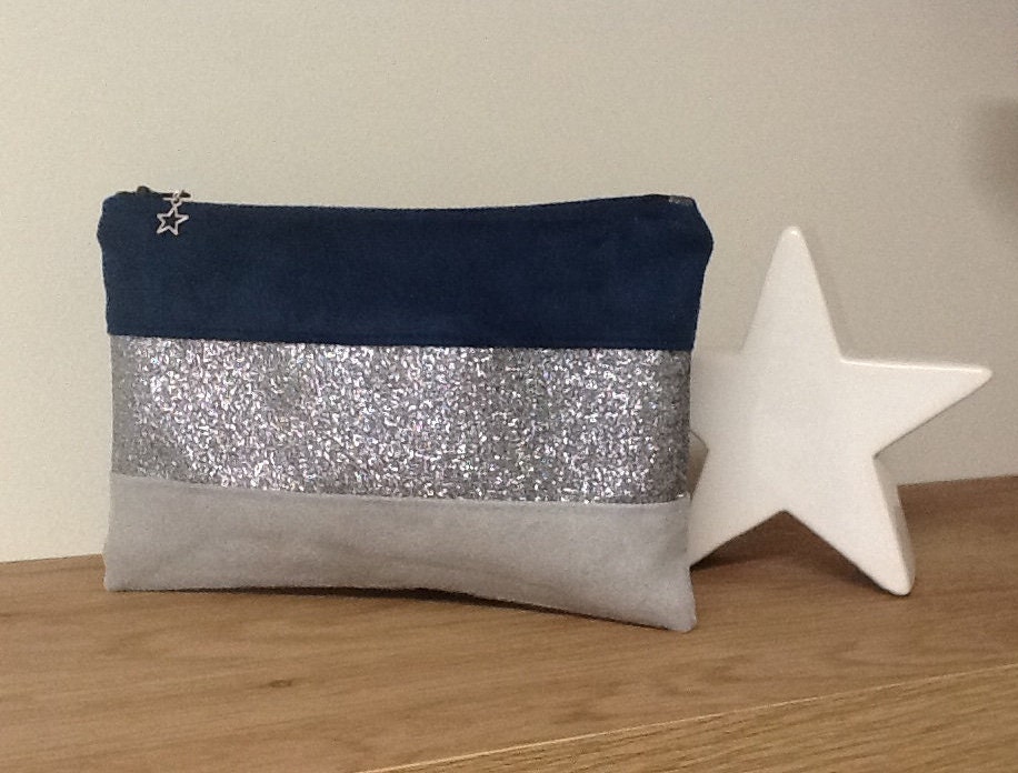 Pochette Plate Bleu Marine Et Gris Perle Tissu Paillettes