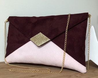 Burgundy and pale pink wedding clutch bag, golden sequins / Envelope-shaped chain bag, suede to custom / Customizable evening handbag
