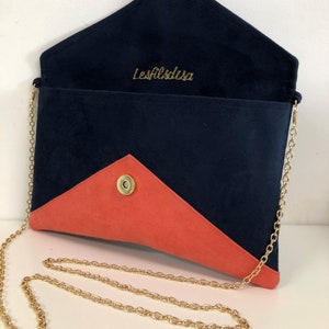 Navy blue and coral wedding clutch bag with sequins / Suedette evening clutch bag, customizable / Chain handbag image 7