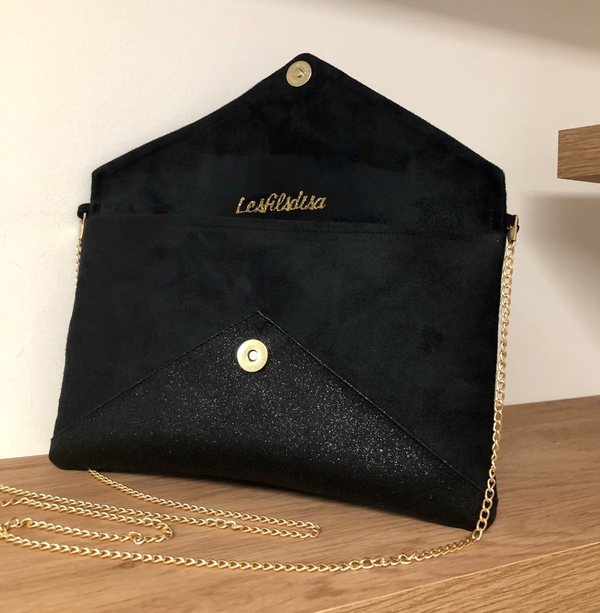 Pochette De Soirée Scintillante Pour Femmes - Avec Chaîne Amovible 120 Cm - Format 21x12x6,5 Cm - Noir Pailleté - Pour Mariage, Fête, Cocktail