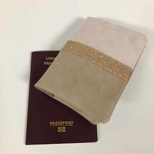 Passport cover, ecru and beige with gold glitter / Travel document case to be personalized / Customizable suedecloth passport cover