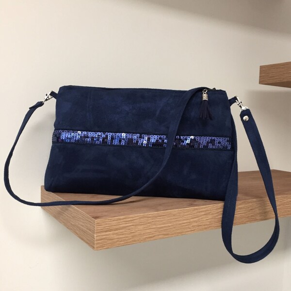 Navy blue shoulder clutch bag, sequins / Wedding night blue clutch bag Vanessa Bruno style / Suede woman handbag Customizable / French style