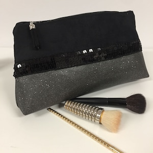 Borsa per il trucco glitterata nera e grigio antracite / Elegante piccola borsa tote con paillettes / Borsa da donna