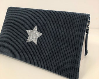 Duck blue velvet checkbook holder, silver star / Corduroy checkbook case, glitter, customisable / Wallet size/ Customizable gift