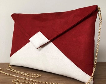 Red and ivory wedding clutch bag, removable gold chain / Red ecru evening clutch bag, in suede, envelope shape, customizable / Red chain bag