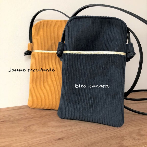 Smartphone shoulder bag / Duck blue corduroy phone case, leather strap / Small bag for Iphone, Android, all sizes