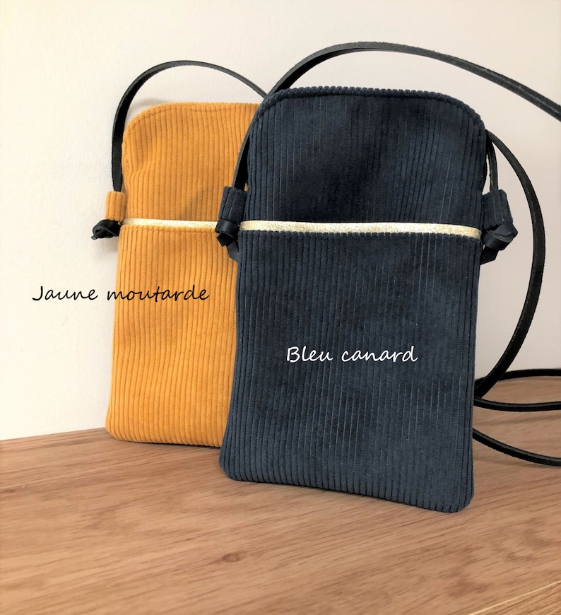 Smartphone shoulder bag / Duck blue corduroy phone case, leather strap / Small bag for Iphone, Android, all sizes image 1