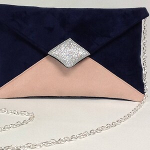 Navy blue and powder pink wedding bag, silver glitter / Customizable evening bag with chain / Night blue shoulder strap bag to custom image 4