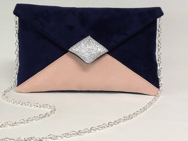 Navy blue and powder pink wedding bag, silver glitter / Customizable evening bag with chain / Night blue shoulder strap bag to custom image 4