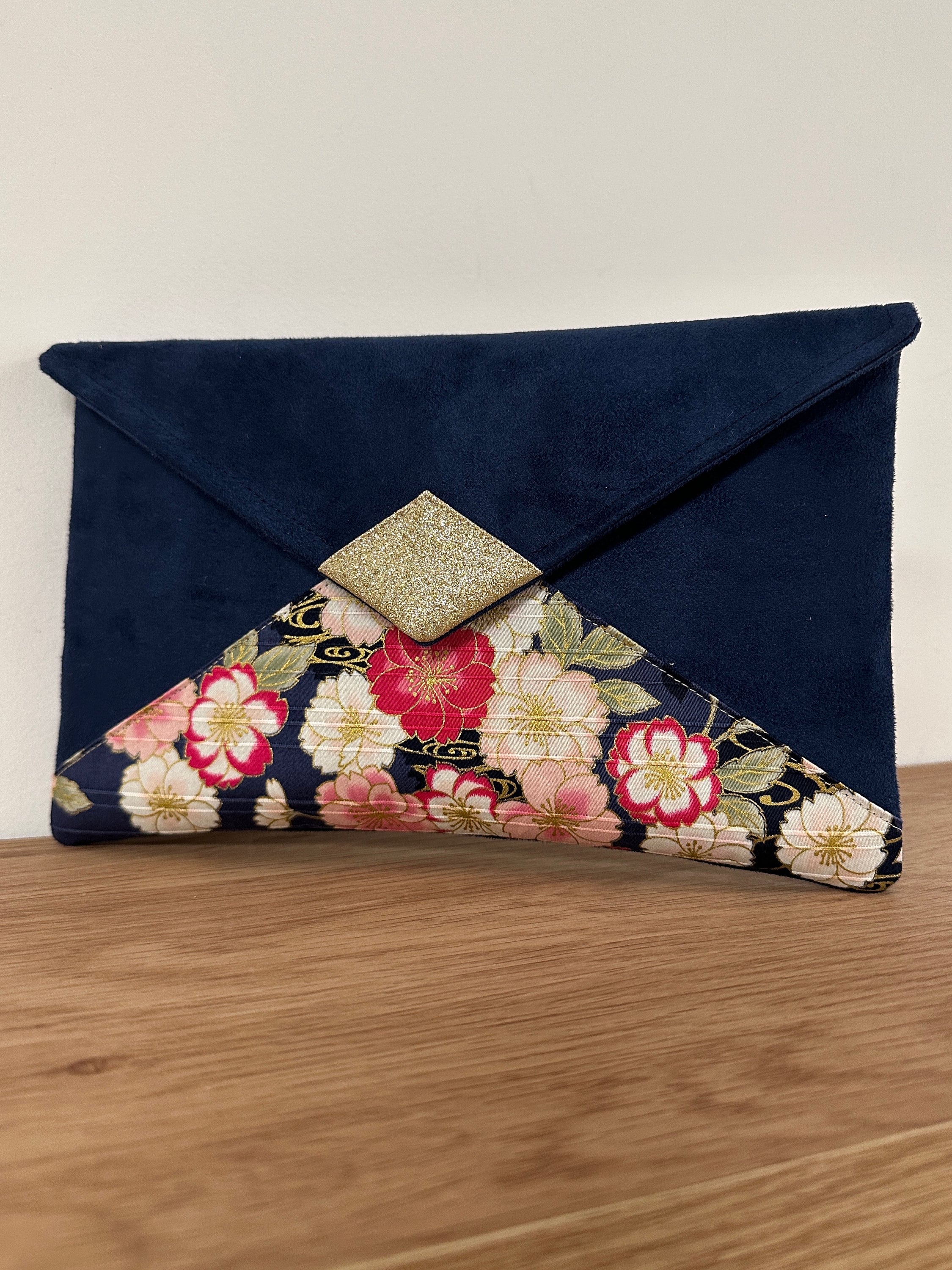 Blue Evening Clutch Bag, Japanese Floral Fabric, Golden Sequins